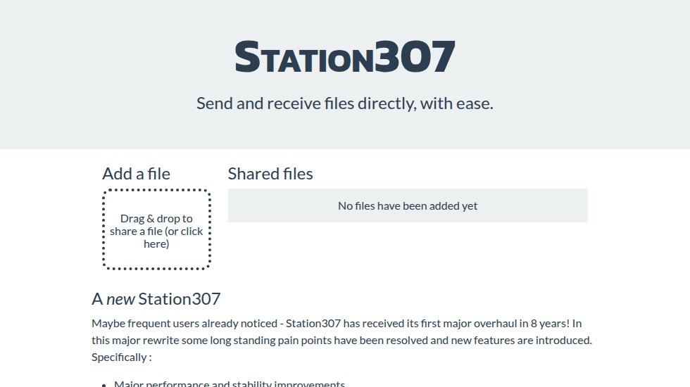 The Station307 website, with a drag-and-drop area to share a file